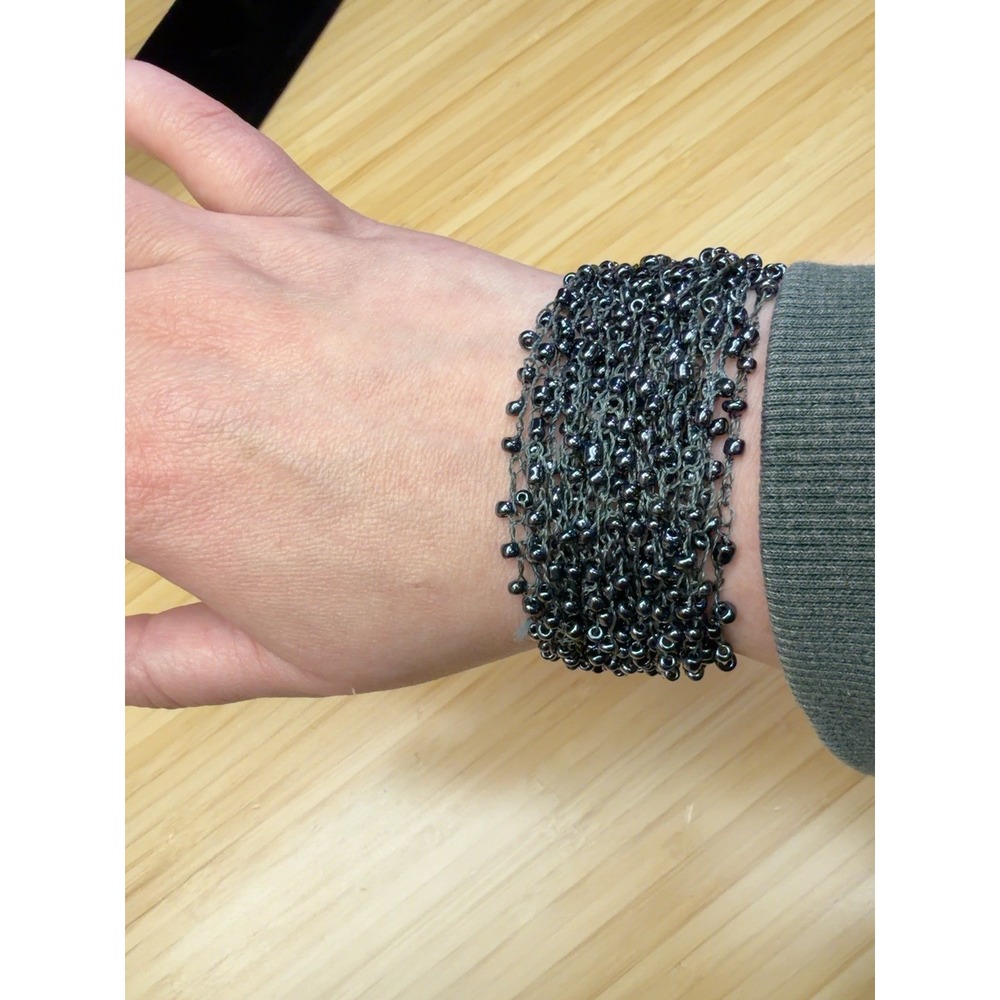Handmade Crochet Beaded Cuff Bracelet Black Gunmetal Button Closure 7.75"